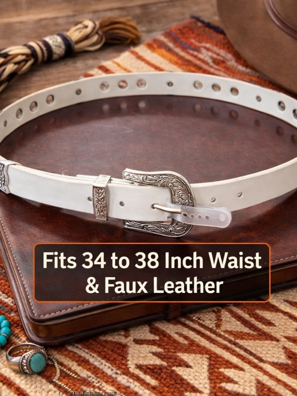 White Faux Leather Western Belt with Ornate Silver Buckle